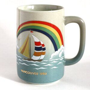 Vintage 1986 Vancouver Mug rainbows sailboats water colourful large coffee mug